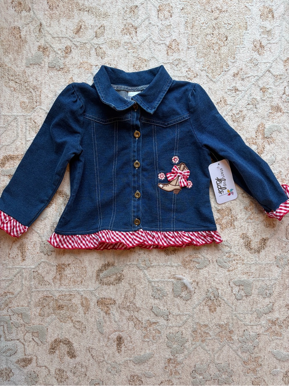NWT! Embroidered Cowgirl Boot Denim Jacket with Red & White Ruffled Gingham Trim